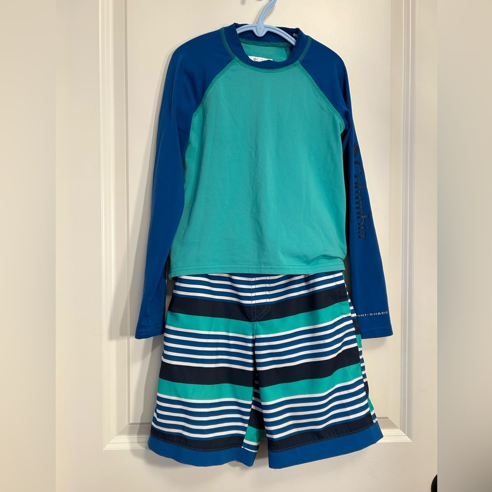 Columbia Kids' Teal and Blue Swim Trunks/Board Shorts with Rashguard Set